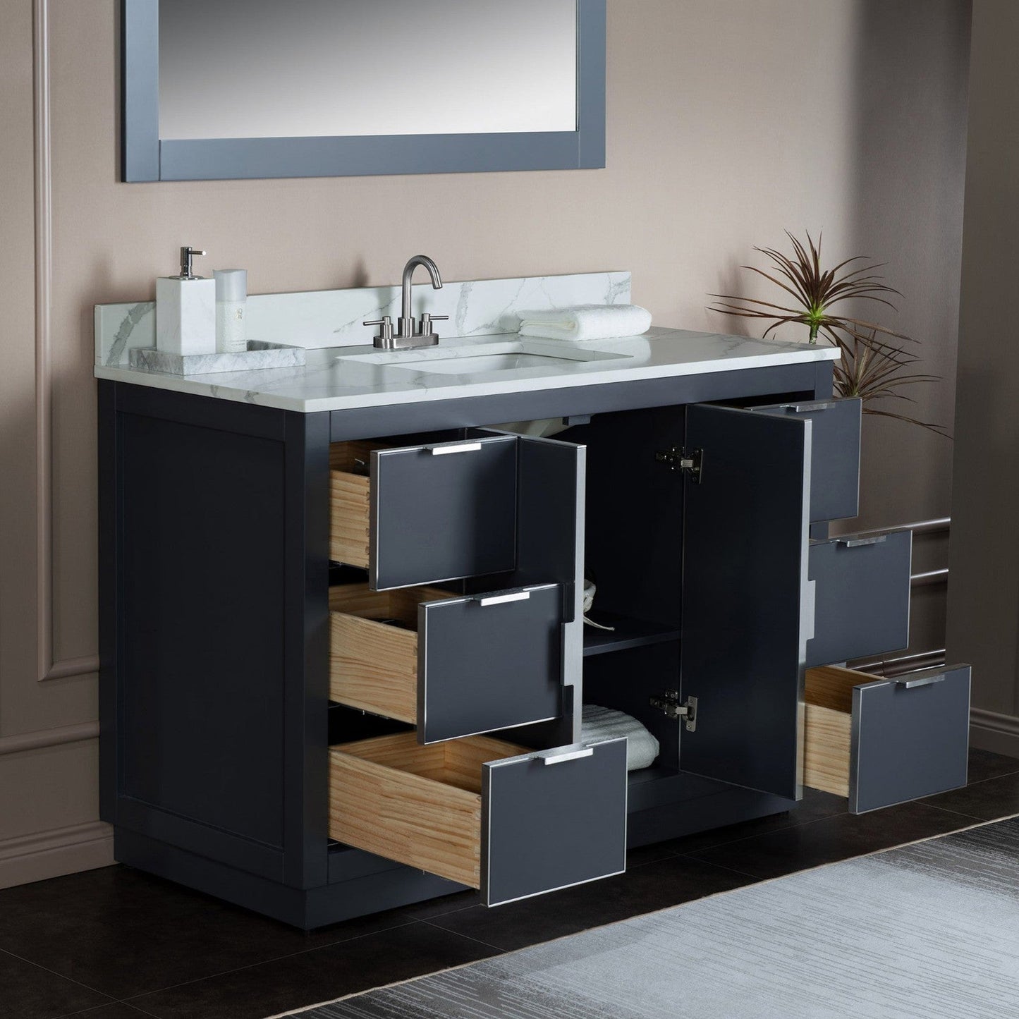 Woodbridge Venice 48" Gray and Brushed Nickel Trim Solid Wood Vanity Base and Fish Belly White Engineered Stone Composite Top With 3 Pre-Drilled Holes for 4" Centerset Faucet