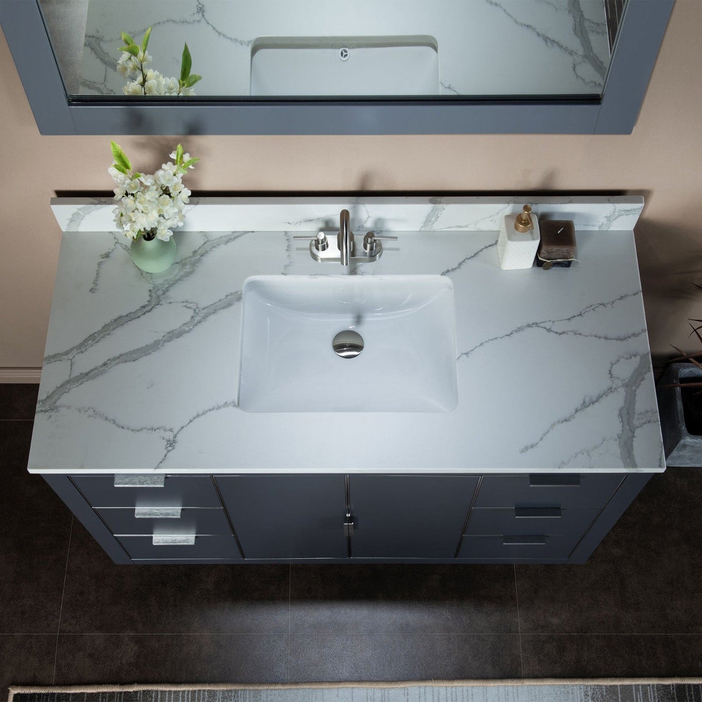 Woodbridge Venice 48" Gray and Brushed Nickel Trim Solid Wood Vanity Base and Fish Belly White Engineered Stone Composite Top With 3 Pre-Drilled Holes for 4" Centerset Faucet