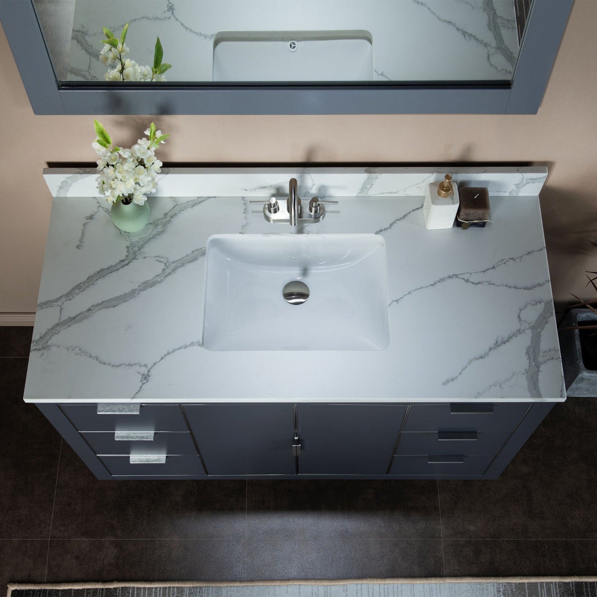 Woodbridge Venice 48" Gray and Brushed Nickel Trim Solid Wood Vanity Base and Fish Belly White Engineered Stone Composite Top With 3 Pre-Drilled Holes for 4" Centerset Faucet