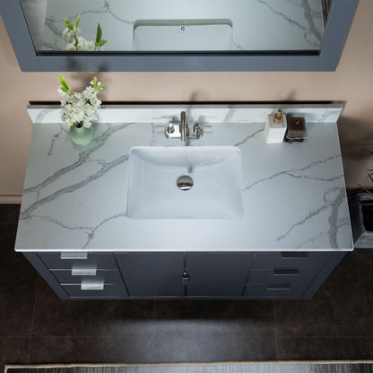 Woodbridge Venice 48" Gray and Brushed Nickel Trim Solid Wood Vanity Base and Fish Belly White Engineered Stone Composite Top With 3 Pre-Drilled Holes for 4" Centerset Faucet
