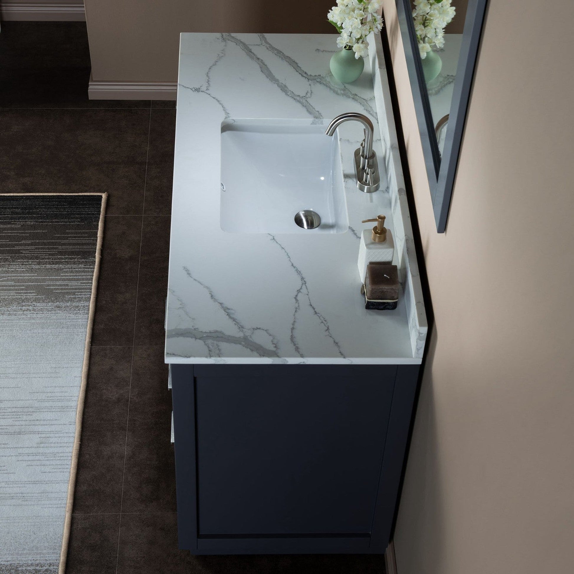 Woodbridge Venice 48" Gray and Brushed Nickel Trim Solid Wood Vanity Base and Fish Belly White Engineered Stone Composite Top With 3 Pre-Drilled Holes for 4" Centerset Faucet