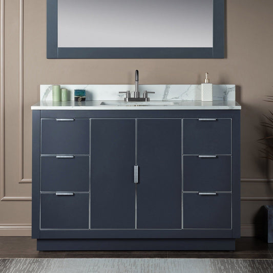 Woodbridge Venice 48" Gray and Brushed Nickel Trim Solid Wood Vanity Base and Fish Belly White Engineered Stone Composite Top With 3 Pre-Drilled Holes for 4" Centerset Faucet