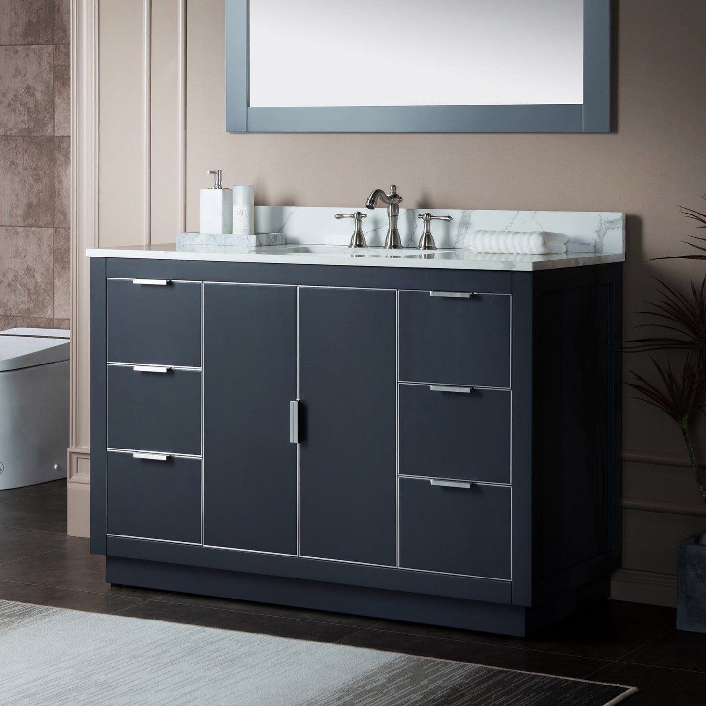 Woodbridge Venice 48" Gray and Brushed Nickel Trim Solid Wood Vanity Base and Fish Belly White Engineered Stone Composite Top With 3 Pre-drilled Holes for 8" Widespread Faucet