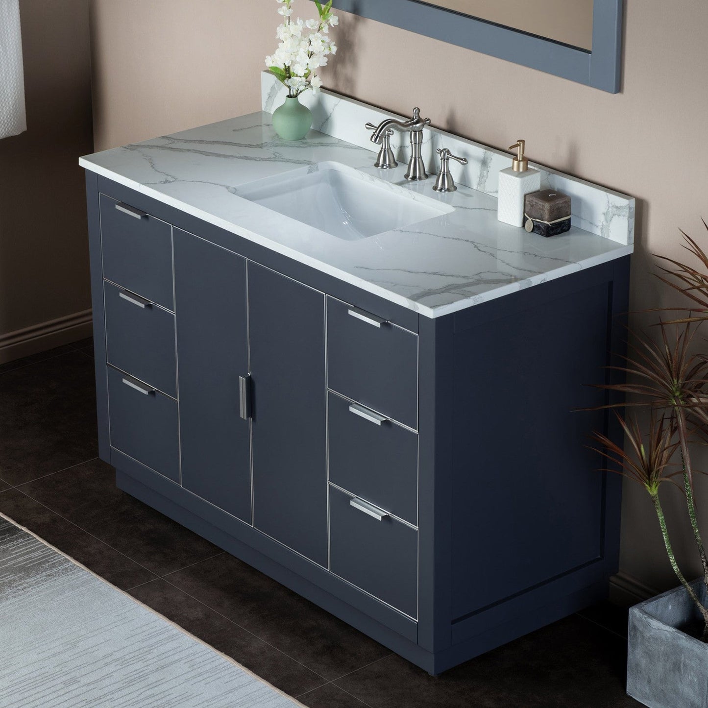 Woodbridge Venice 48" Gray and Brushed Nickel Trim Solid Wood Vanity Base and Fish Belly White Engineered Stone Composite Top With 3 Pre-drilled Holes for 8" Widespread Faucet