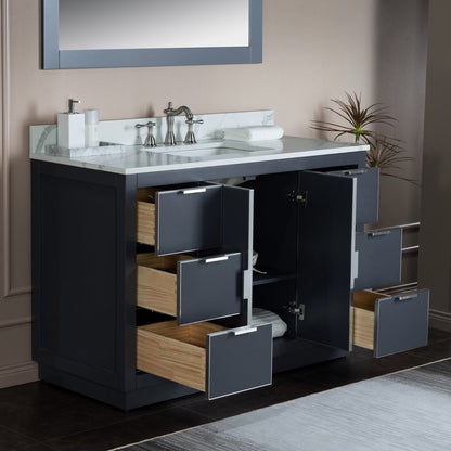 Woodbridge Venice 48" Gray and Brushed Nickel Trim Solid Wood Vanity Base and Fish Belly White Engineered Stone Composite Top With 3 Pre-drilled Holes for 8" Widespread Faucet