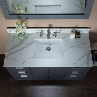 Woodbridge Venice 48" Gray and Brushed Nickel Trim Solid Wood Vanity Base and Fish Belly White Engineered Stone Composite Top With 3 Pre-drilled Holes for 8" Widespread Faucet