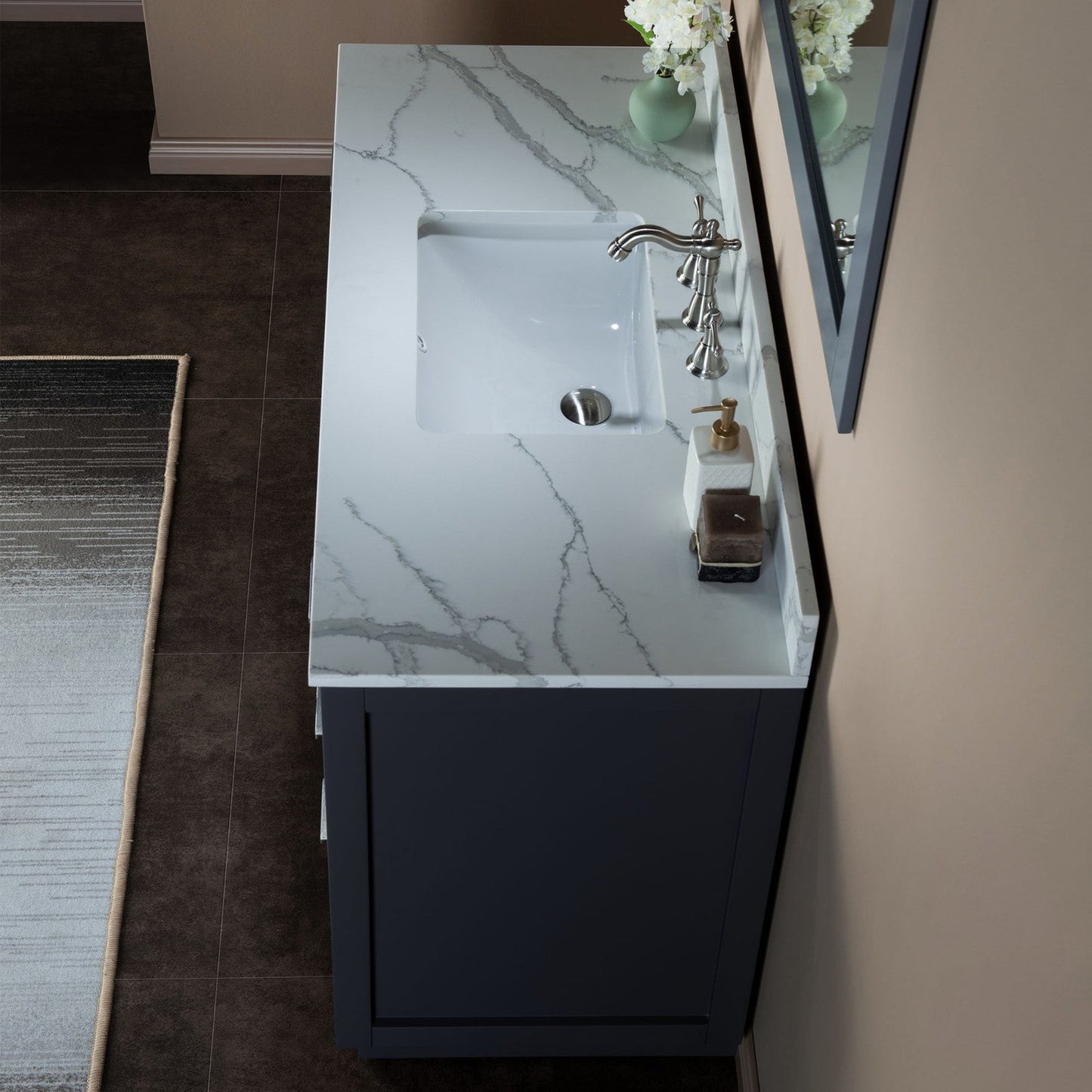 Woodbridge Venice 48" Gray and Brushed Nickel Trim Solid Wood Vanity Base and Fish Belly White Engineered Stone Composite Top With 3 Pre-drilled Holes for 8" Widespread Faucet