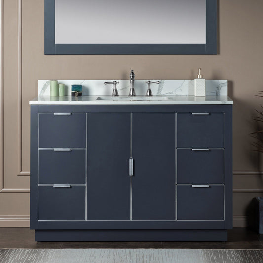 Woodbridge Venice 48" Gray and Brushed Nickel Trim Solid Wood Vanity Base and Fish Belly White Engineered Stone Composite Top With 3 Pre-drilled Holes for 8" Widespread Faucet