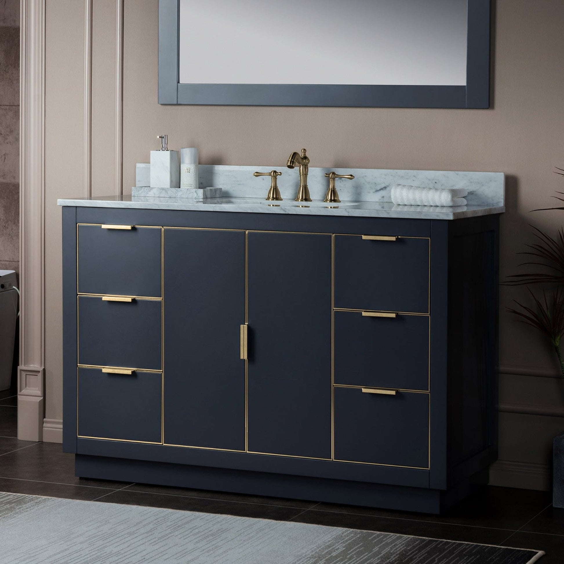 Woodbridge Venice 48" Gray and Gold Trim Solid Wood Vanity Base and Carrara Marble Top With 3 Pre-drilled Holes for 8" Widespread Faucet