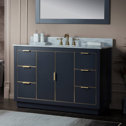 Woodbridge Venice 48" Gray and Gold Trim Solid Wood Vanity Base and Carrara Marble Top With 3 Pre-drilled Holes for 8" Widespread Faucet