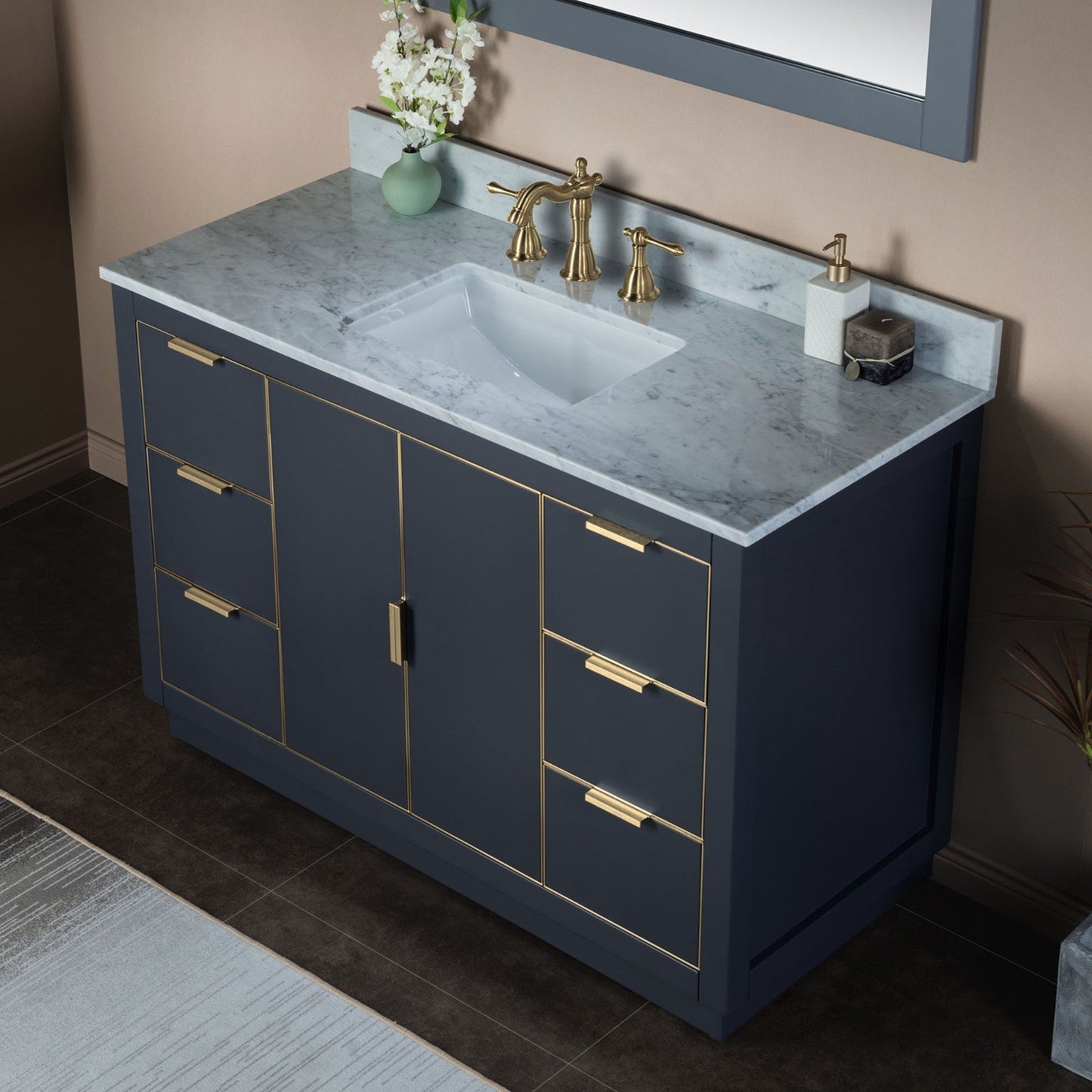 Woodbridge Venice 48" Gray and Gold Trim Solid Wood Vanity Base and Carrara Marble Top With 3 Pre-drilled Holes for 8" Widespread Faucet
