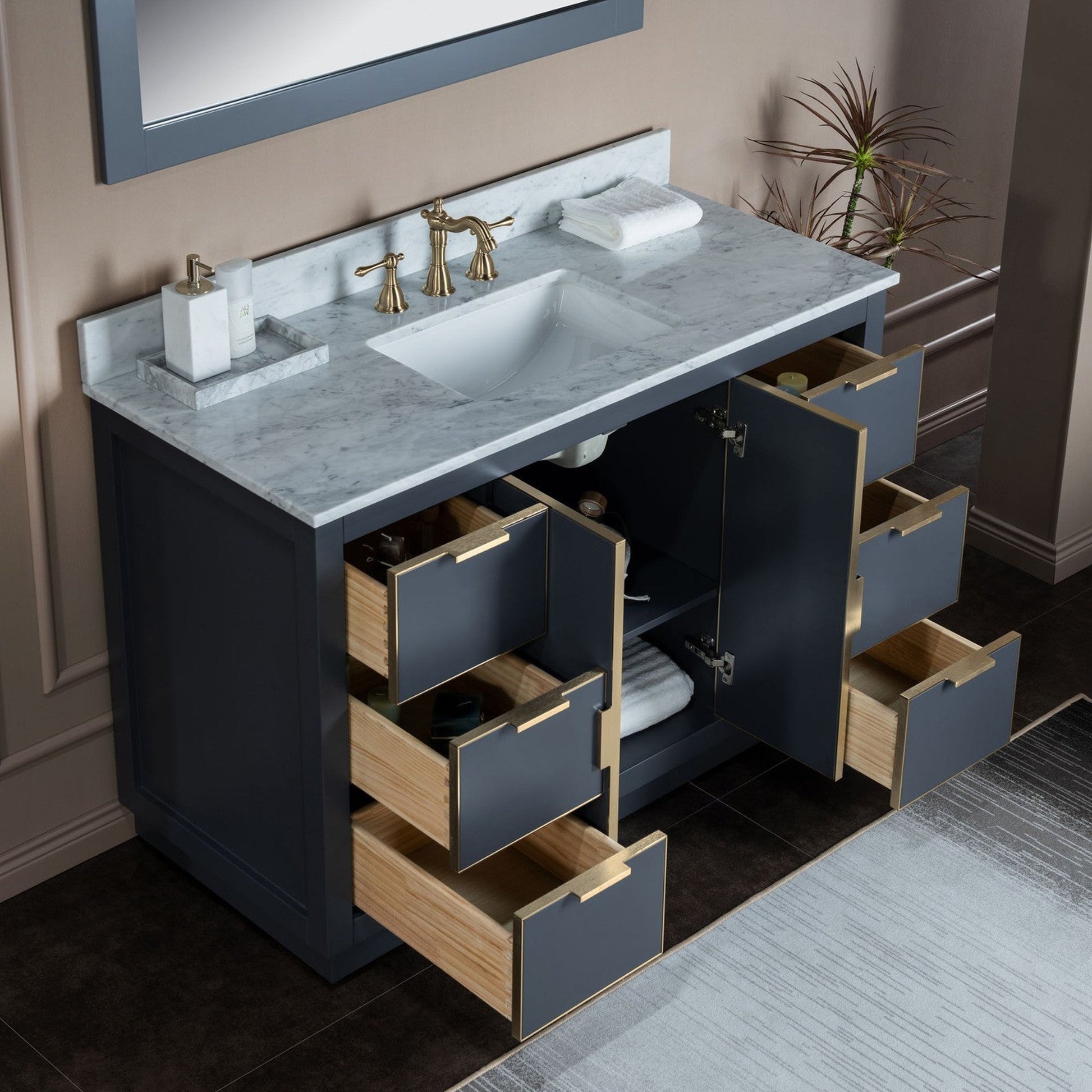 Woodbridge Venice 48" Gray and Gold Trim Solid Wood Vanity Base and Carrara Marble Top With 3 Pre-drilled Holes for 8" Widespread Faucet