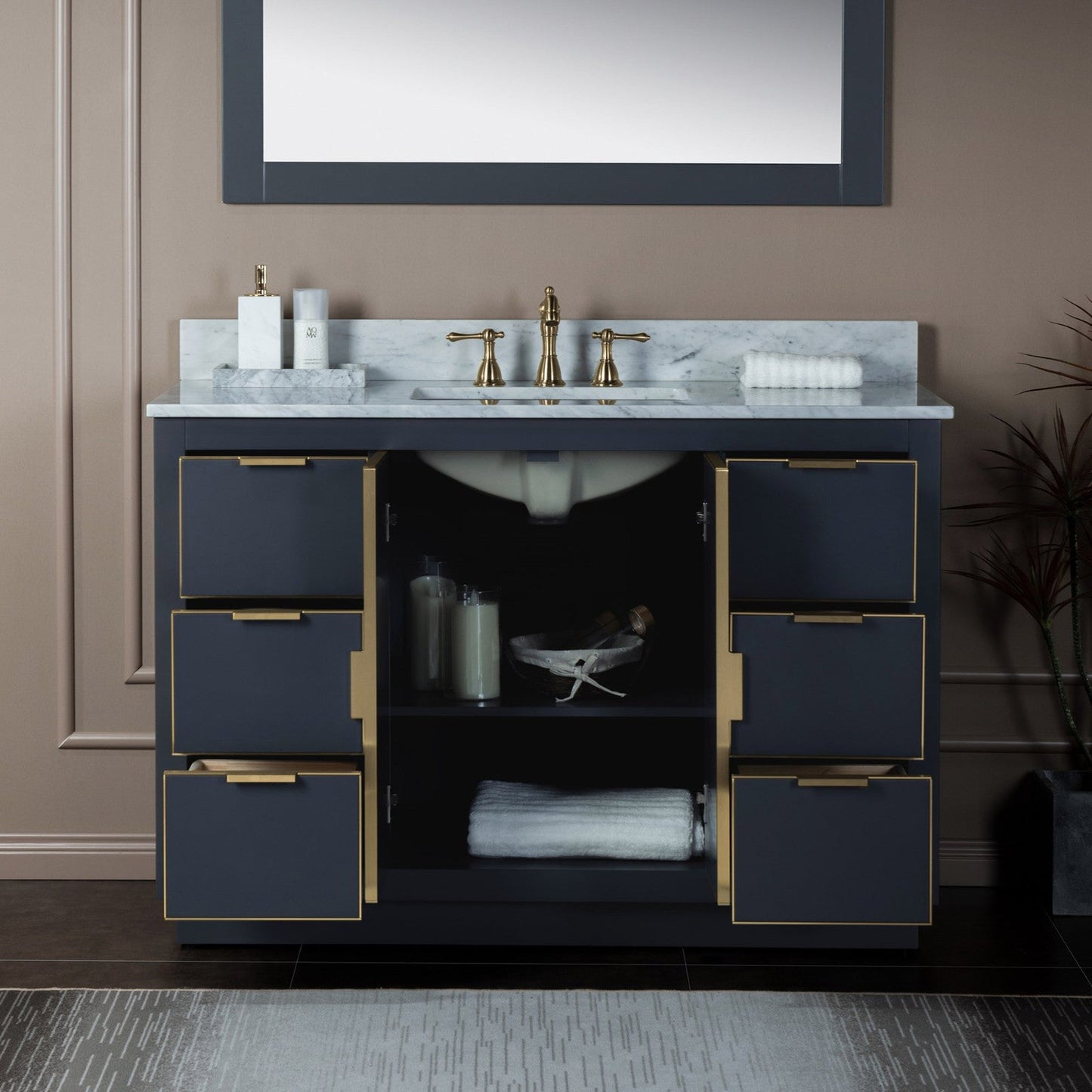 Woodbridge Venice 48" Gray and Gold Trim Solid Wood Vanity Base and Carrara Marble Top With 3 Pre-drilled Holes for 8" Widespread Faucet
