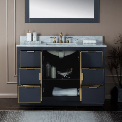 Woodbridge Venice 48" Gray and Gold Trim Solid Wood Vanity Base and Carrara Marble Top With 3 Pre-drilled Holes for 8" Widespread Faucet