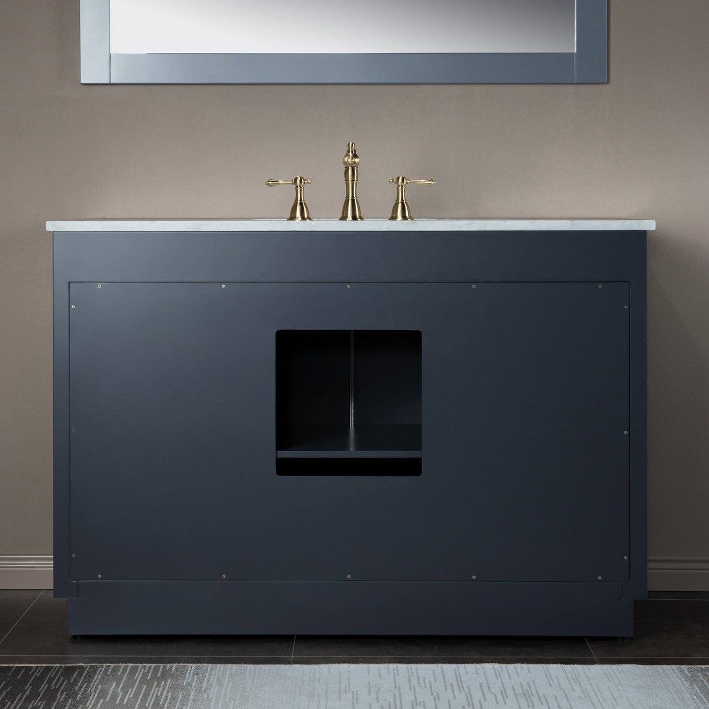 Woodbridge Venice 48" Gray and Gold Trim Solid Wood Vanity Base and Carrara Marble Top With 3 Pre-drilled Holes for 8" Widespread Faucet