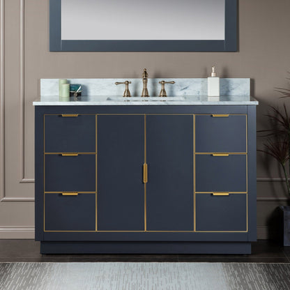 Woodbridge Venice 48" Gray and Gold Trim Solid Wood Vanity Base and Carrara Marble Top With 3 Pre-drilled Holes for 8" Widespread Faucet