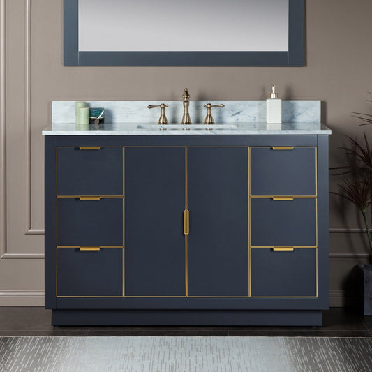 Woodbridge Venice 48" Gray and Gold Trim Solid Wood Vanity Base and Carrara Marble Top With 3 Pre-drilled Holes for 8" Widespread Faucet