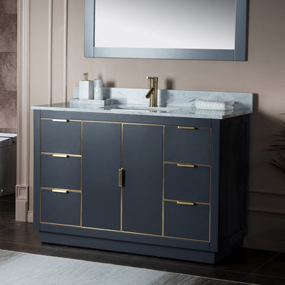 Woodbridge Venice 48" Gray and Gold Trim Solid Wood Vanity Base and Carrara Marble Top With Pre-Drilled Single Hole Faucet