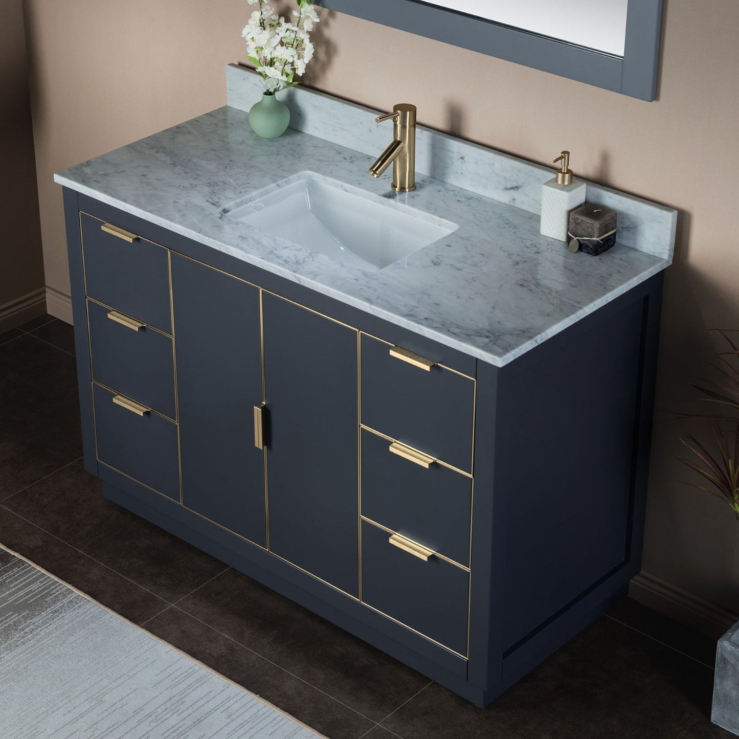 Woodbridge Venice 48" Gray and Gold Trim Solid Wood Vanity Base and Carrara Marble Top With Pre-Drilled Single Hole Faucet