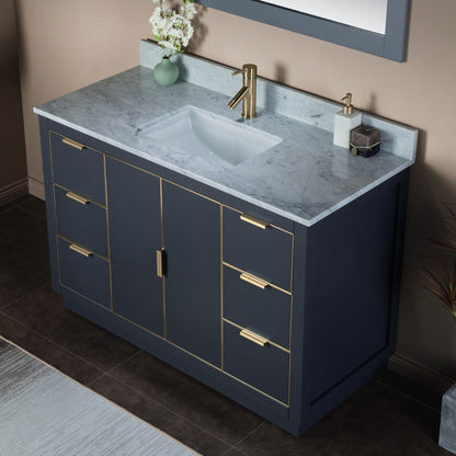 Woodbridge Venice 48" Gray and Gold Trim Solid Wood Vanity Base and Carrara Marble Top With Pre-Drilled Single Hole Faucet
