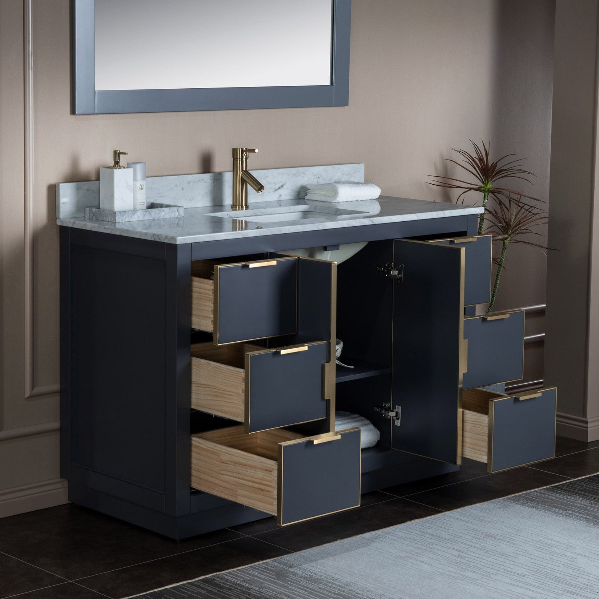 Woodbridge Venice 48" Gray and Gold Trim Solid Wood Vanity Base and Carrara Marble Top With Pre-Drilled Single Hole Faucet