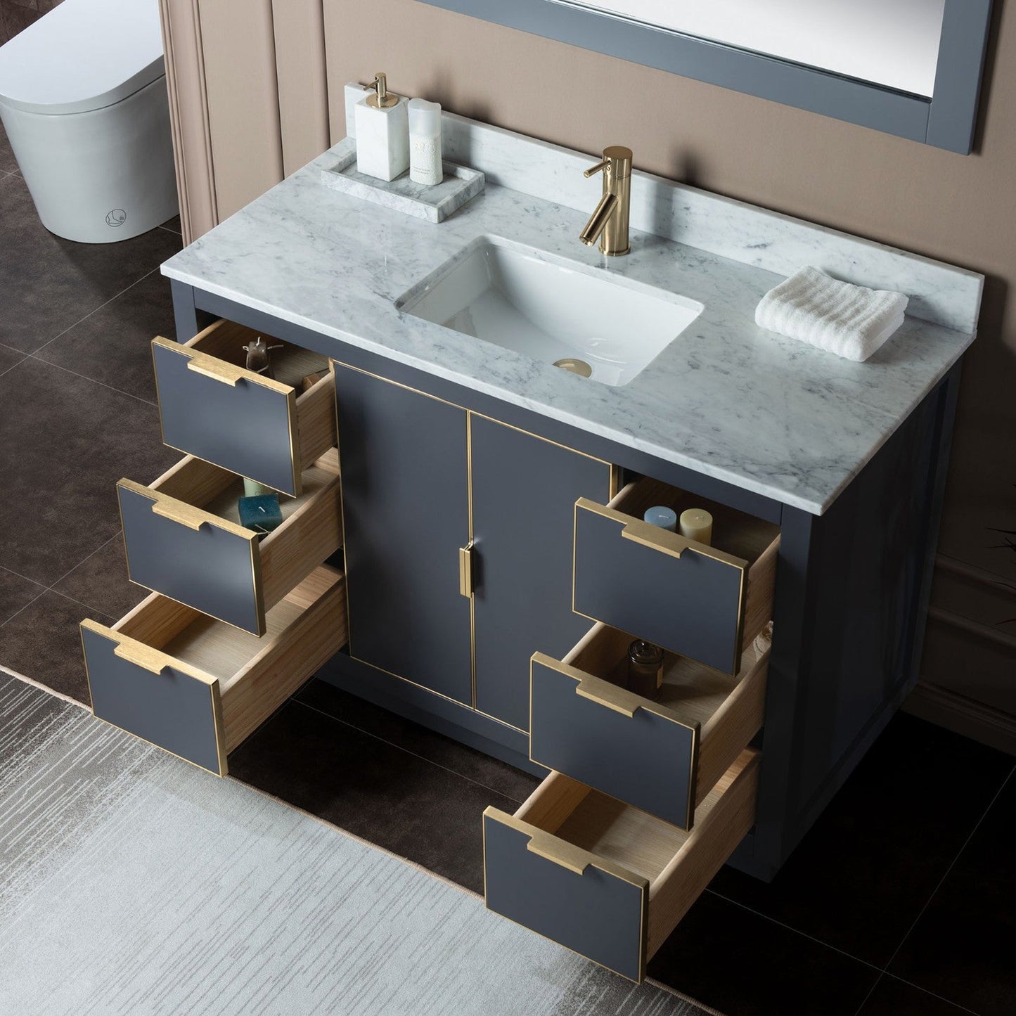 Woodbridge Venice 48" Gray and Gold Trim Solid Wood Vanity Base and Carrara Marble Top With Pre-Drilled Single Hole Faucet