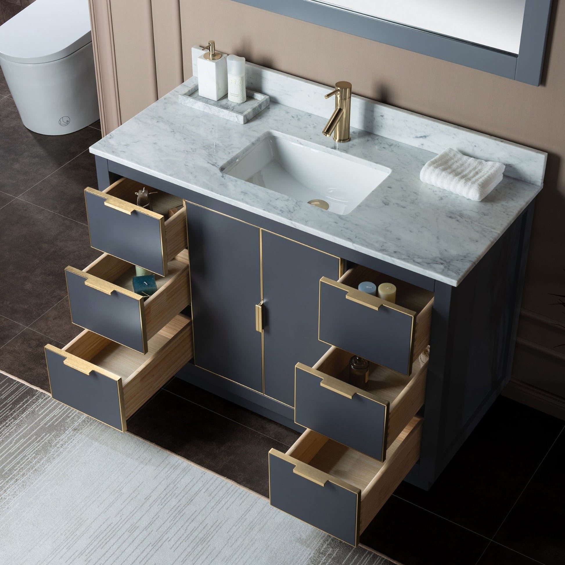 Woodbridge Venice 48" Gray and Gold Trim Solid Wood Vanity Base and Carrara Marble Top With Pre-Drilled Single Hole Faucet