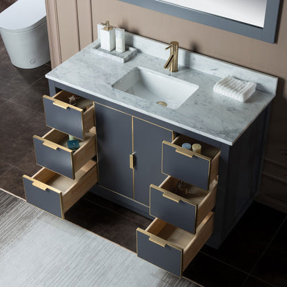 Woodbridge Venice 48" Gray and Gold Trim Solid Wood Vanity Base and Carrara Marble Top With Pre-Drilled Single Hole Faucet