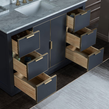 Woodbridge Venice 48" Gray and Gold Trim Solid Wood Vanity Base and Carrara Marble Top With Pre-Drilled Single Hole Faucet