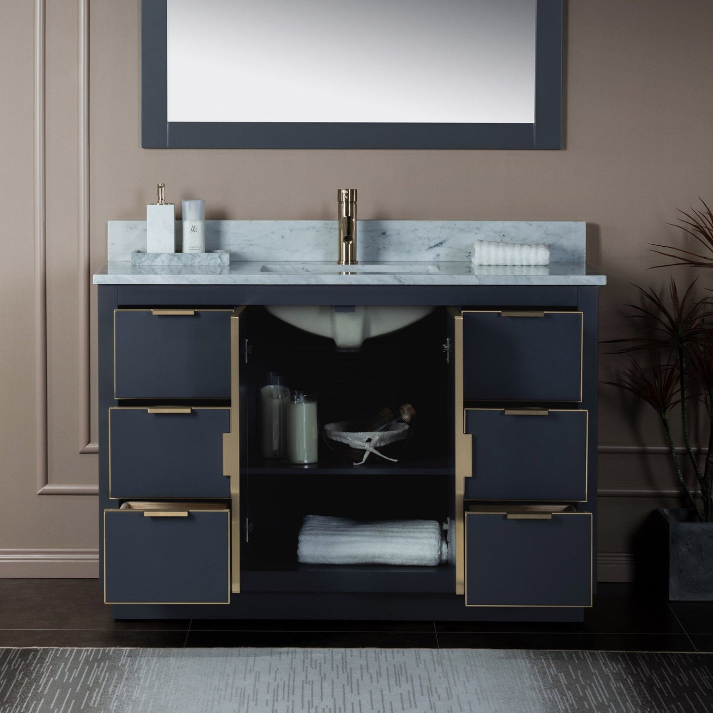 Woodbridge Venice 48" Gray and Gold Trim Solid Wood Vanity Base and Carrara Marble Top With Pre-Drilled Single Hole Faucet