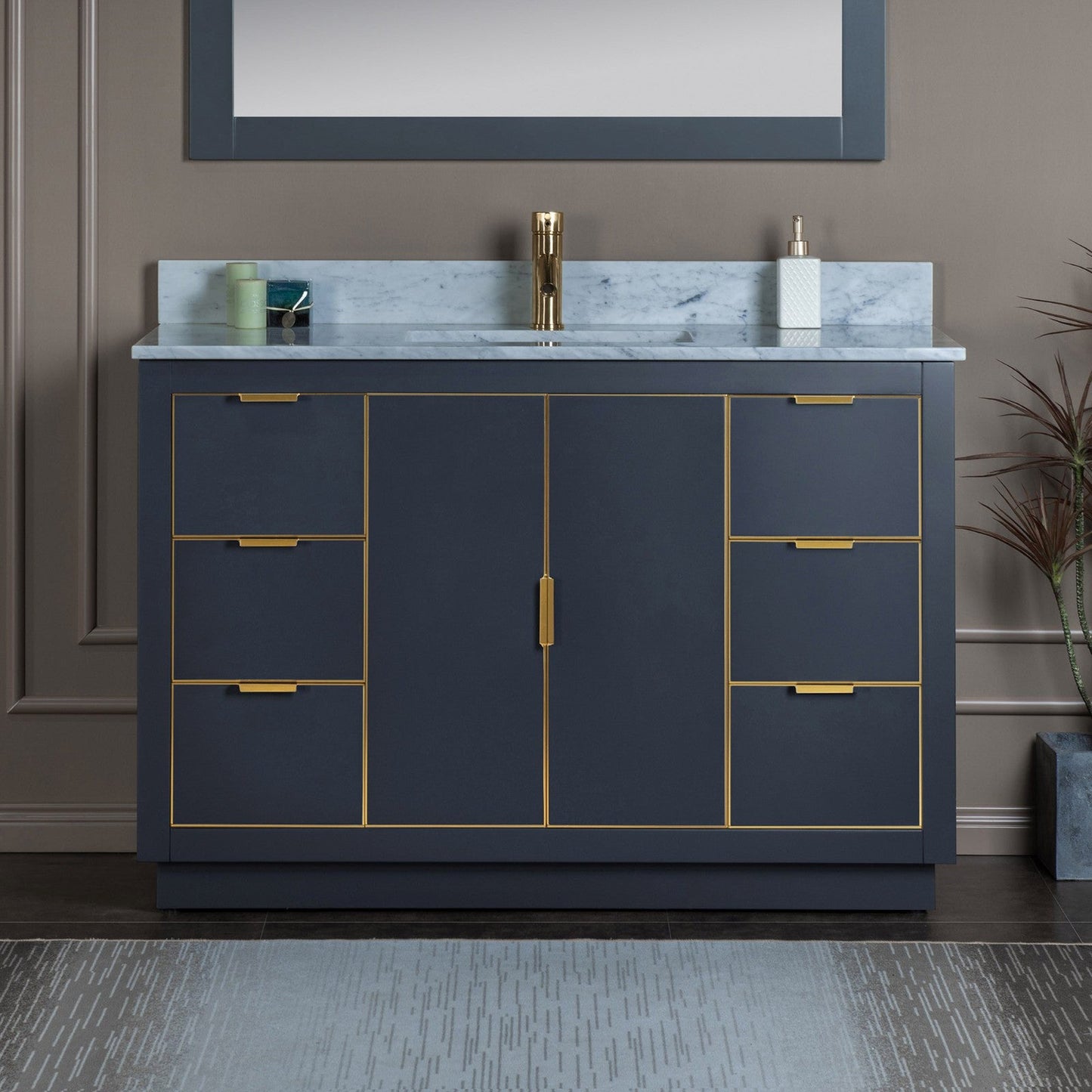 Woodbridge Venice 48" Gray and Gold Trim Solid Wood Vanity Base and Carrara Marble Top With Pre-Drilled Single Hole Faucet