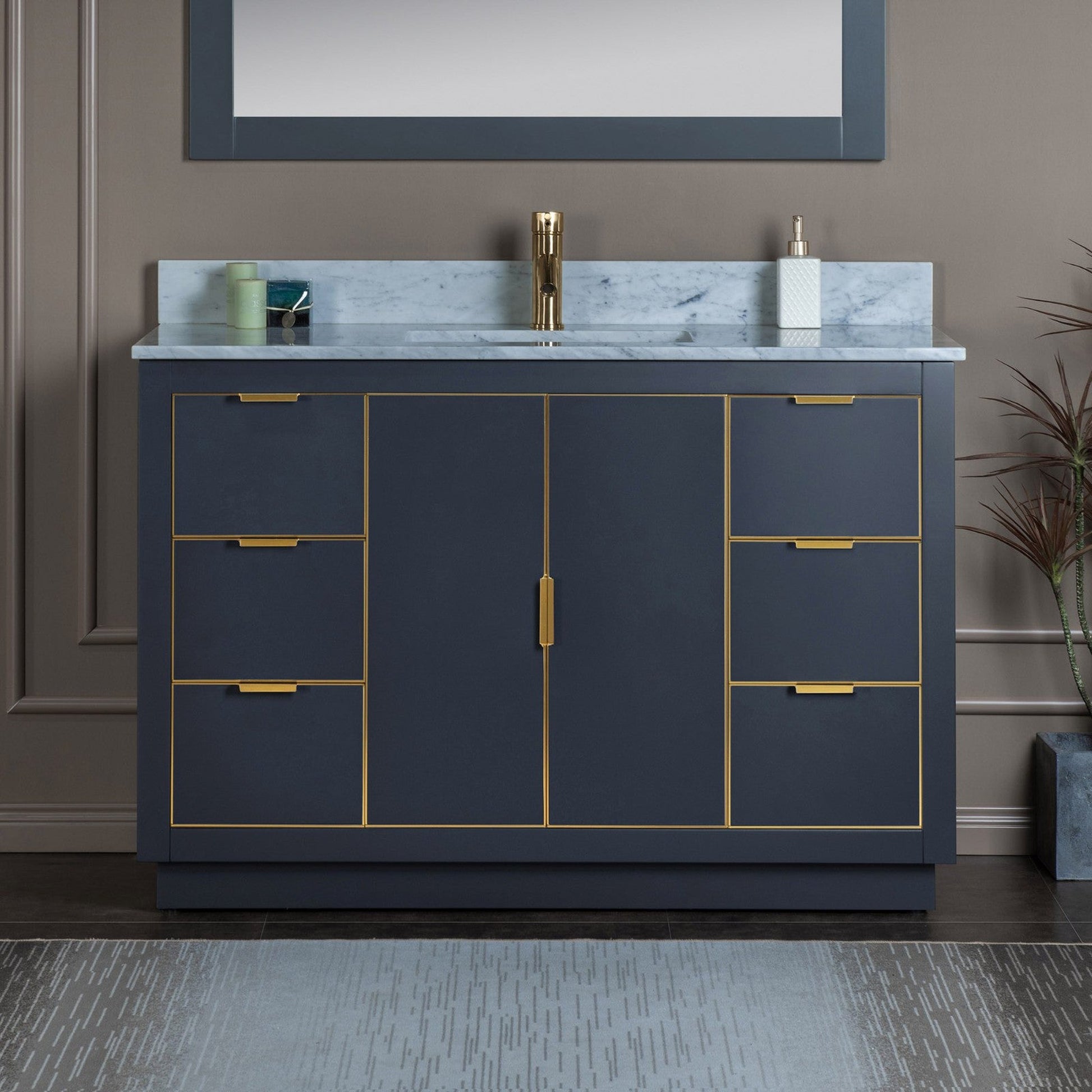 Woodbridge Venice 48" Gray and Gold Trim Solid Wood Vanity Base and Carrara Marble Top With Pre-Drilled Single Hole Faucet