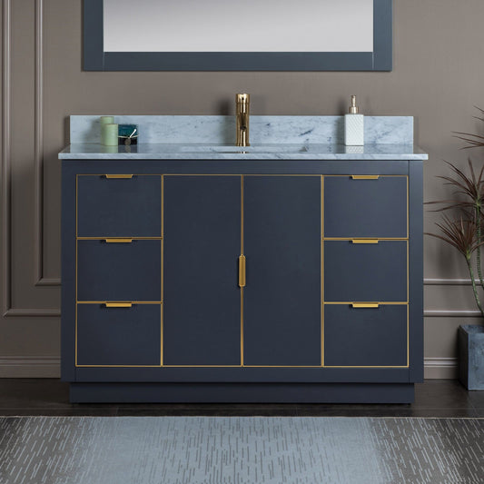 Woodbridge Venice 48" Gray and Gold Trim Solid Wood Vanity Base and Carrara Marble Top With Pre-Drilled Single Hole Faucet