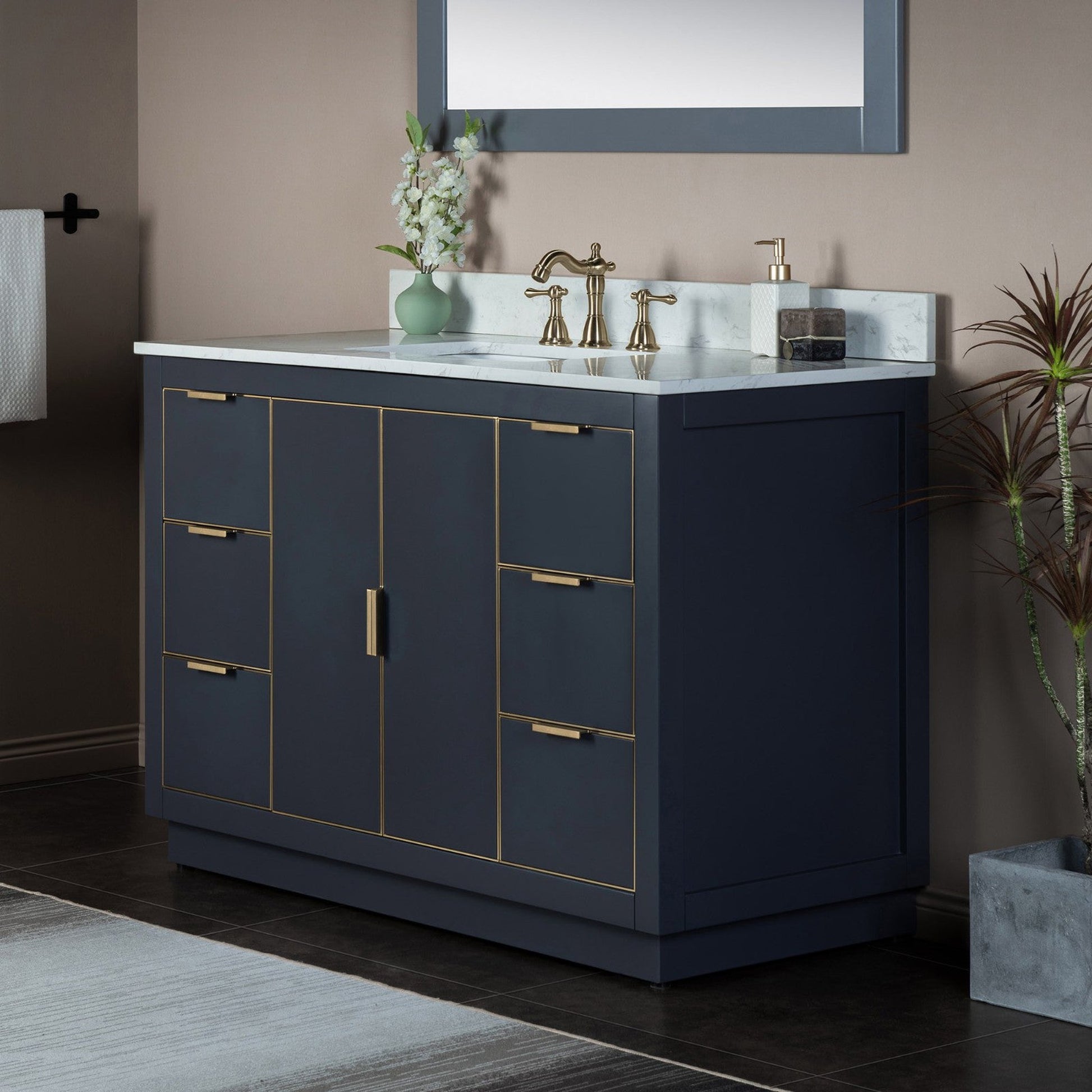 Woodbridge Venice 48" Gray and Gold Trim Solid Wood Vanity Base and Carrara White Engineered Stone Top With 3 Pre-drilled Holes for 8" Widespread Faucet