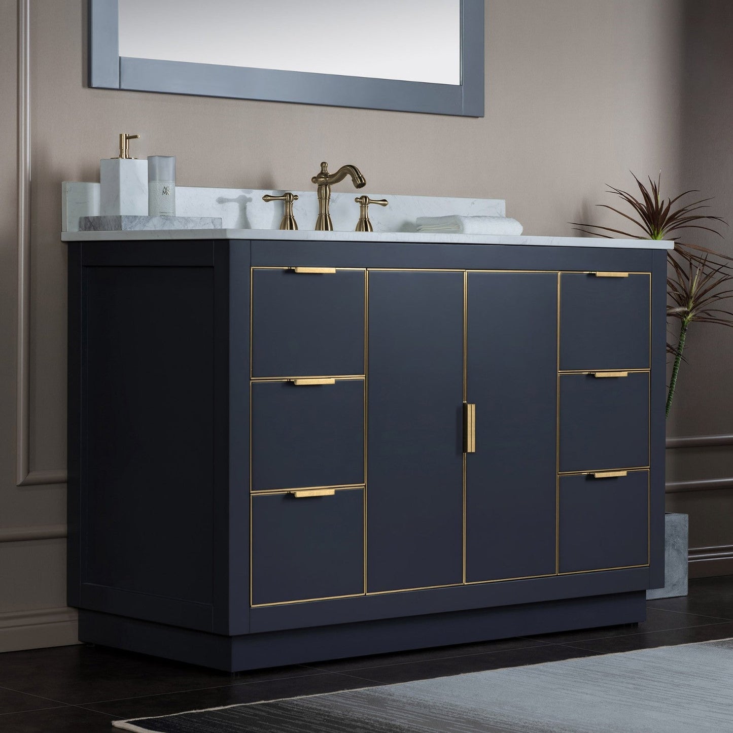 Woodbridge Venice 48" Gray and Gold Trim Solid Wood Vanity Base and Carrara White Engineered Stone Top With 3 Pre-drilled Holes for 8" Widespread Faucet
