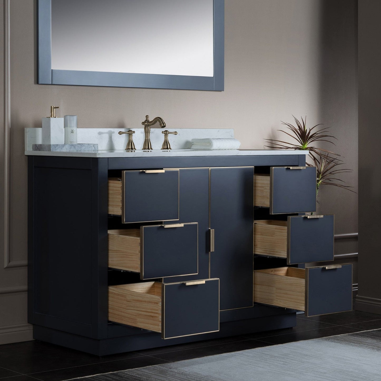 Woodbridge Venice 48" Gray and Gold Trim Solid Wood Vanity Base and Carrara White Engineered Stone Top With 3 Pre-drilled Holes for 8" Widespread Faucet