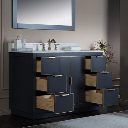 Woodbridge Venice 48" Gray and Gold Trim Solid Wood Vanity Base and Carrara White Engineered Stone Top With 3 Pre-drilled Holes for 8" Widespread Faucet