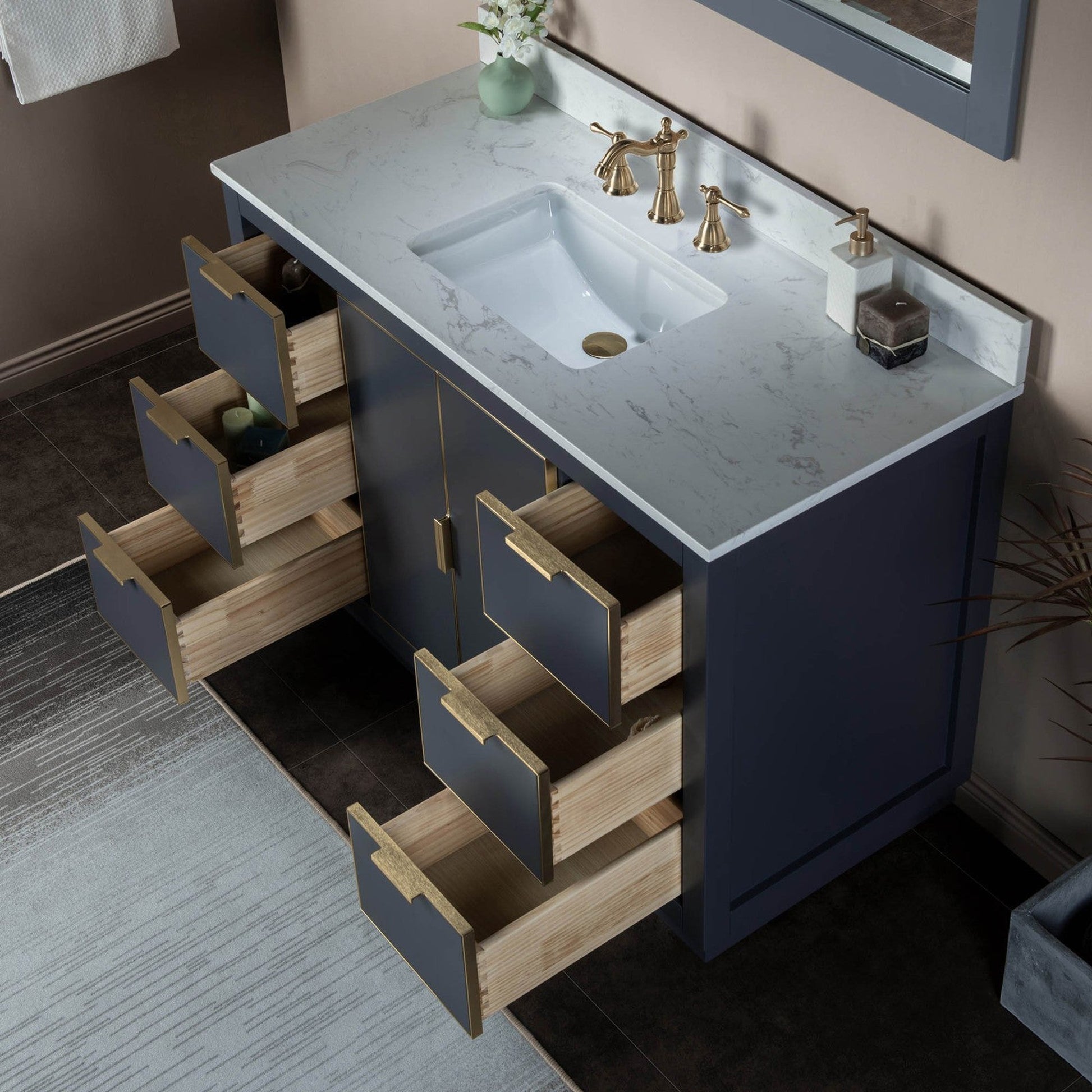 Woodbridge Venice 48" Gray and Gold Trim Solid Wood Vanity Base and Carrara White Engineered Stone Top With 3 Pre-drilled Holes for 8" Widespread Faucet