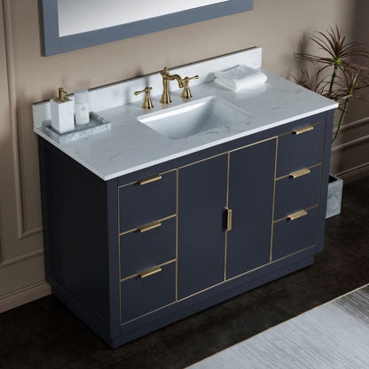 Woodbridge Venice 48" Gray and Gold Trim Solid Wood Vanity Base and Carrara White Engineered Stone Top With 3 Pre-drilled Holes for 8" Widespread Faucet