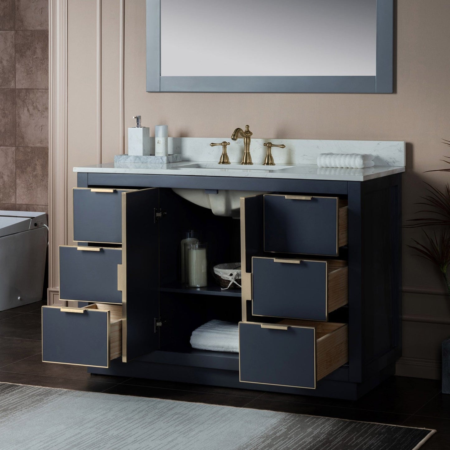 Woodbridge Venice 48" Gray and Gold Trim Solid Wood Vanity Base and Carrara White Engineered Stone Top With 3 Pre-drilled Holes for 8" Widespread Faucet
