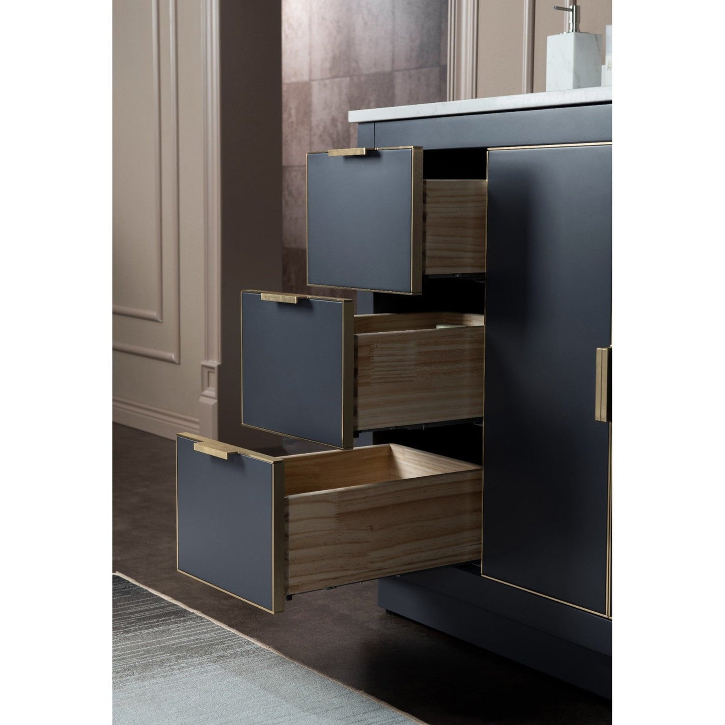 Woodbridge Venice 48" Gray and Gold Trim Solid Wood Vanity Base and Carrara White Engineered Stone Top With 3 Pre-drilled Holes for 8" Widespread Faucet