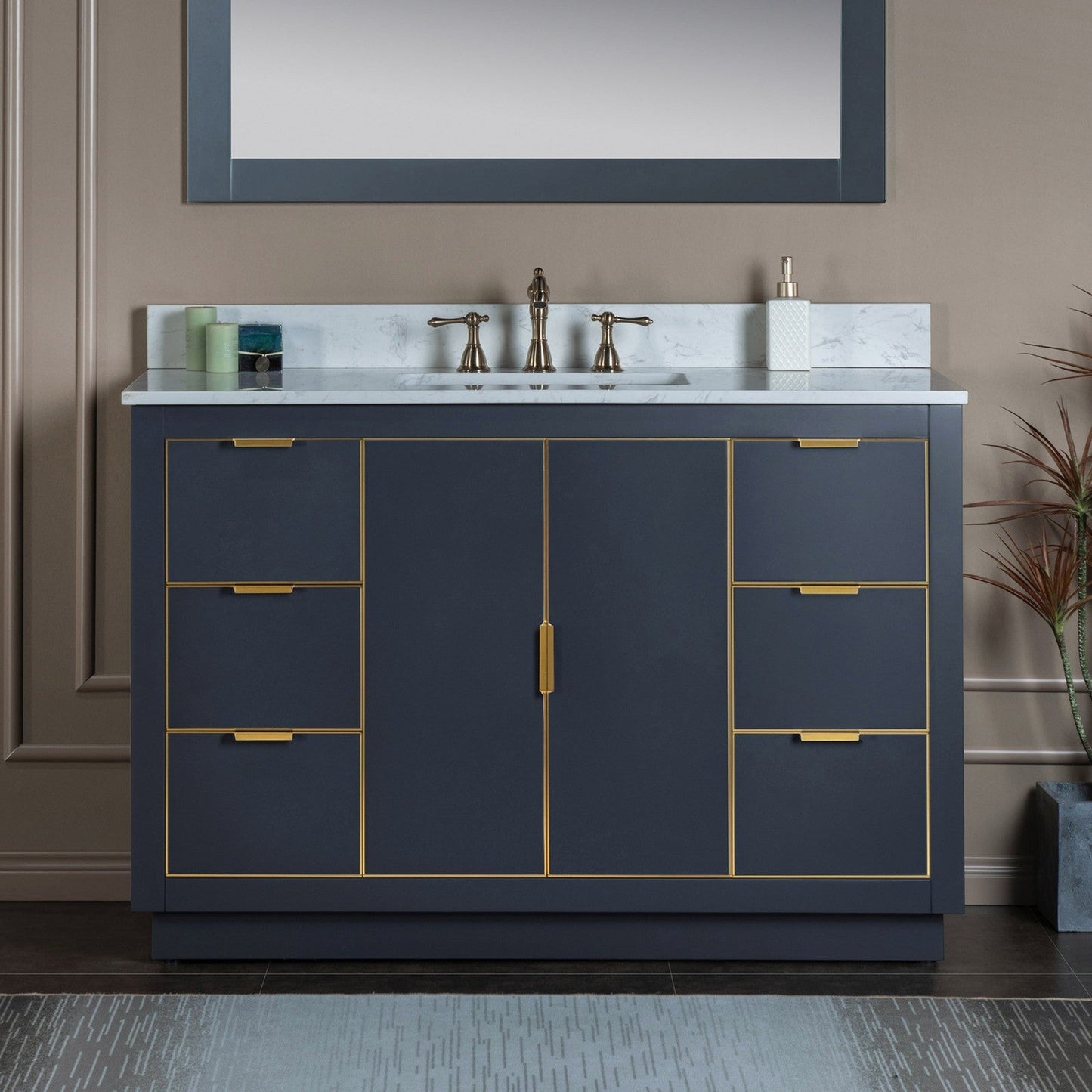 Woodbridge Venice 48" Gray and Gold Trim Solid Wood Vanity Base and Carrara White Engineered Stone Top With 3 Pre-drilled Holes for 8" Widespread Faucet