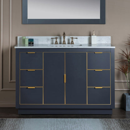 Woodbridge Venice 48" Gray and Gold Trim Solid Wood Vanity Base and Carrara White Engineered Stone Top With 3 Pre-drilled Holes for 8" Widespread Faucet