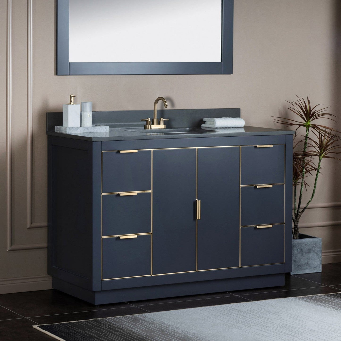 Woodbridge Venice 48" Gray and Gold Trim Solid Wood Vanity Base and Dark Gray Engineered Stone Composite Top With 3 Pre-Drilled Holes for 4" Centerset Faucet