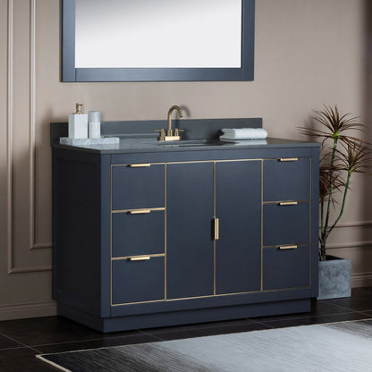 Woodbridge Venice 48" Gray and Gold Trim Solid Wood Vanity Base and Dark Gray Engineered Stone Composite Top With 3 Pre-Drilled Holes for 4" Centerset Faucet
