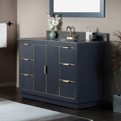 Woodbridge Venice 48" Gray and Gold Trim Solid Wood Vanity Base and Dark Gray Engineered Stone Composite Top With 3 Pre-Drilled Holes for 4" Centerset Faucet