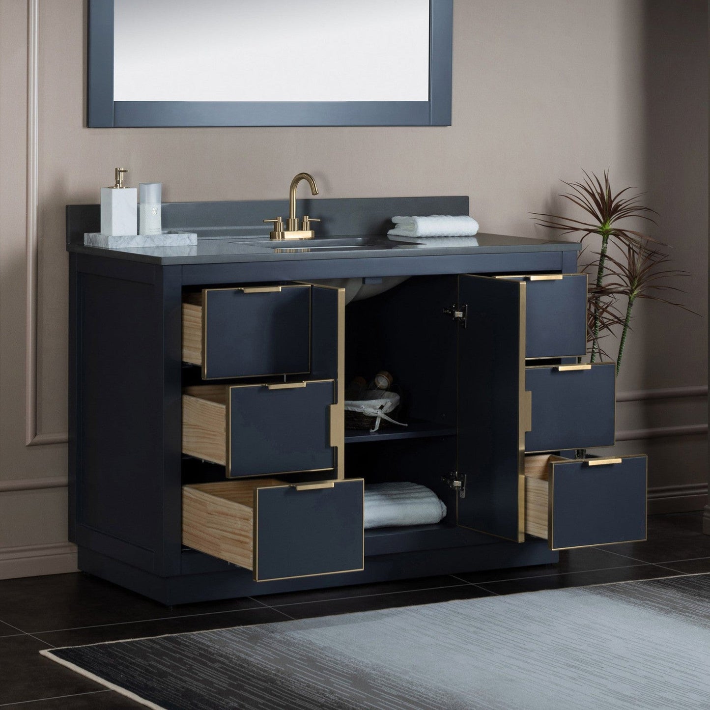 Woodbridge Venice 48" Gray and Gold Trim Solid Wood Vanity Base and Dark Gray Engineered Stone Composite Top With 3 Pre-Drilled Holes for 4" Centerset Faucet