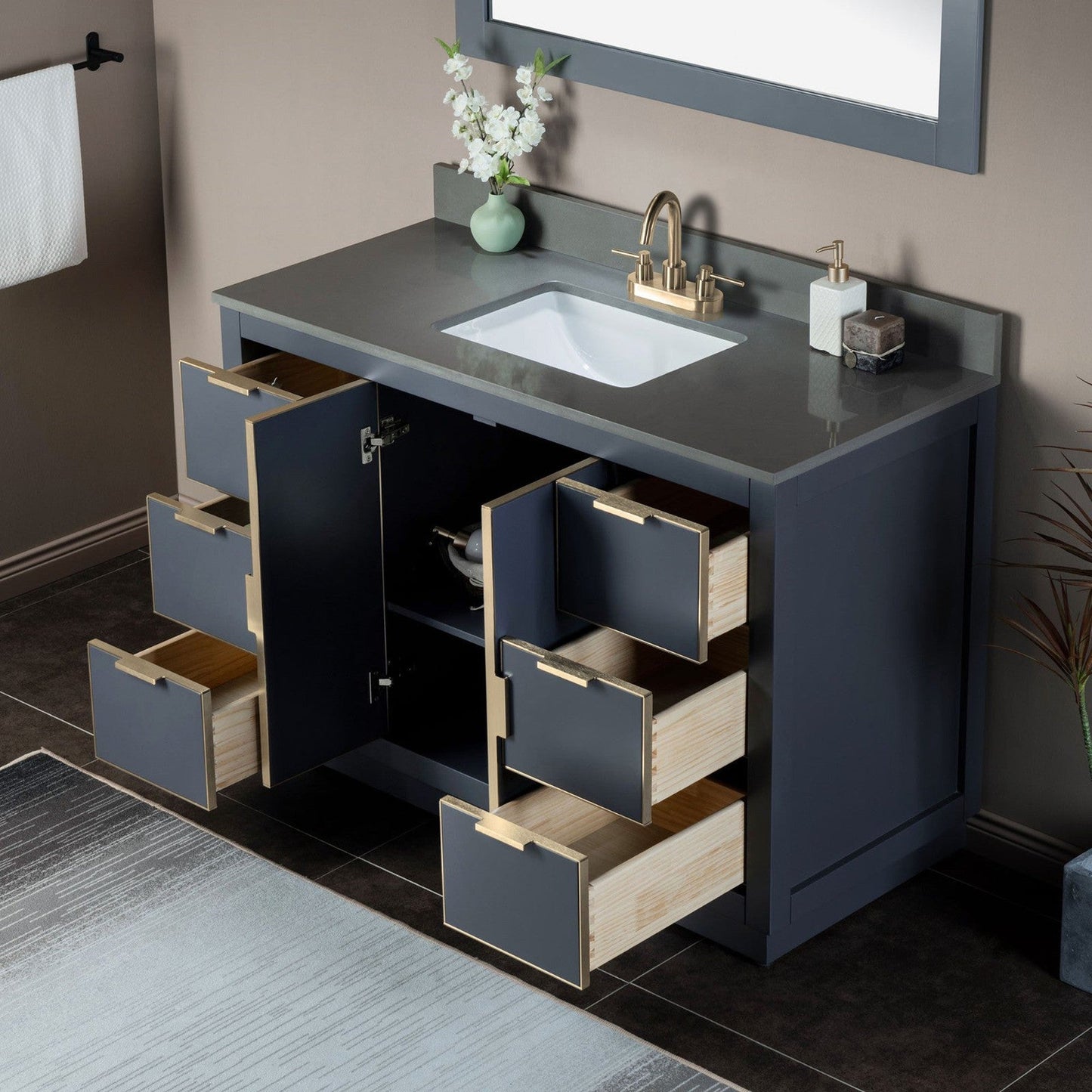 Woodbridge Venice 48" Gray and Gold Trim Solid Wood Vanity Base and Dark Gray Engineered Stone Composite Top With 3 Pre-Drilled Holes for 4" Centerset Faucet