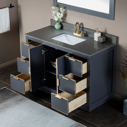 Woodbridge Venice 48" Gray and Gold Trim Solid Wood Vanity Base and Dark Gray Engineered Stone Composite Top With 3 Pre-Drilled Holes for 4" Centerset Faucet