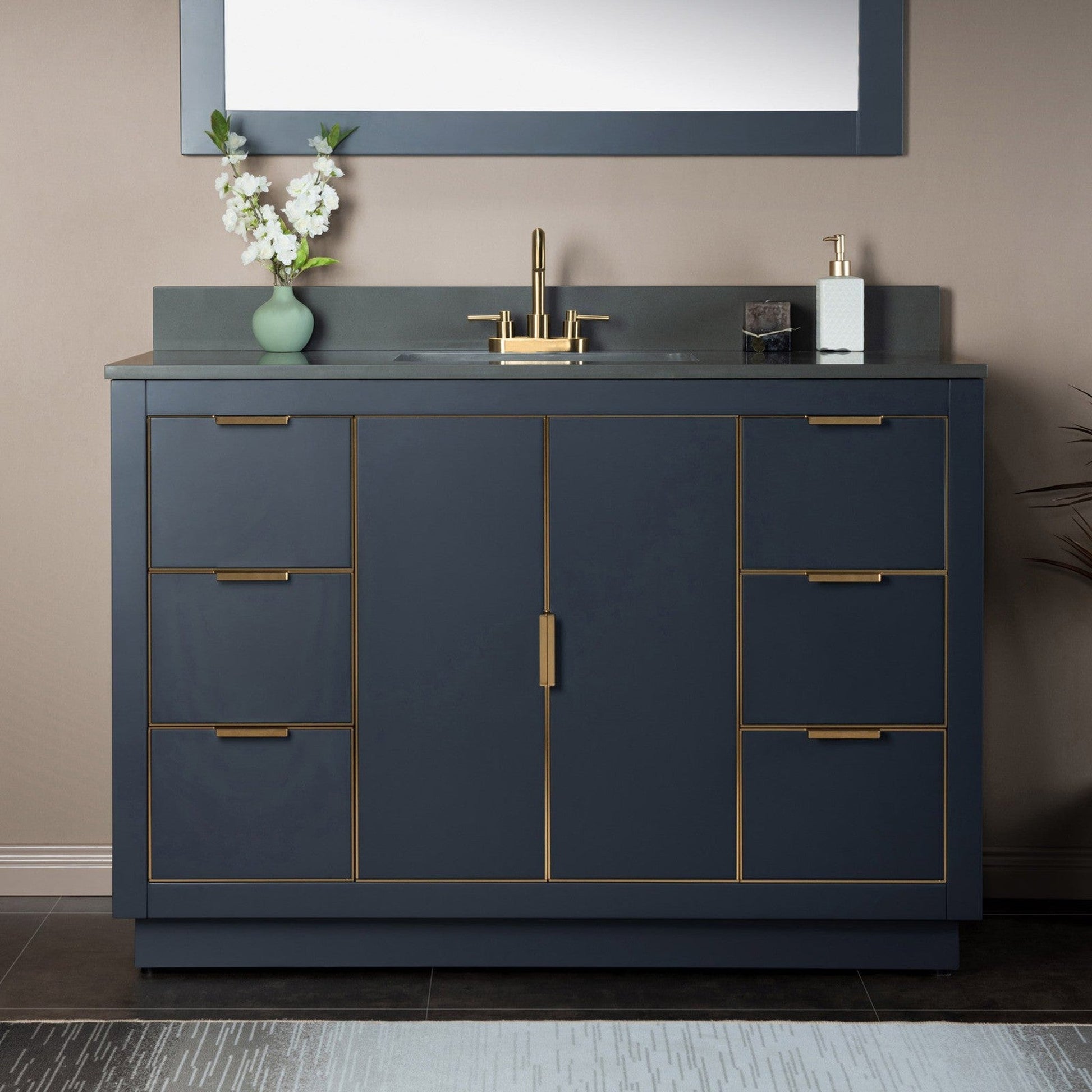 Woodbridge Venice 48" Gray and Gold Trim Solid Wood Vanity Base and Dark Gray Engineered Stone Composite Top With 3 Pre-Drilled Holes for 4" Centerset Faucet